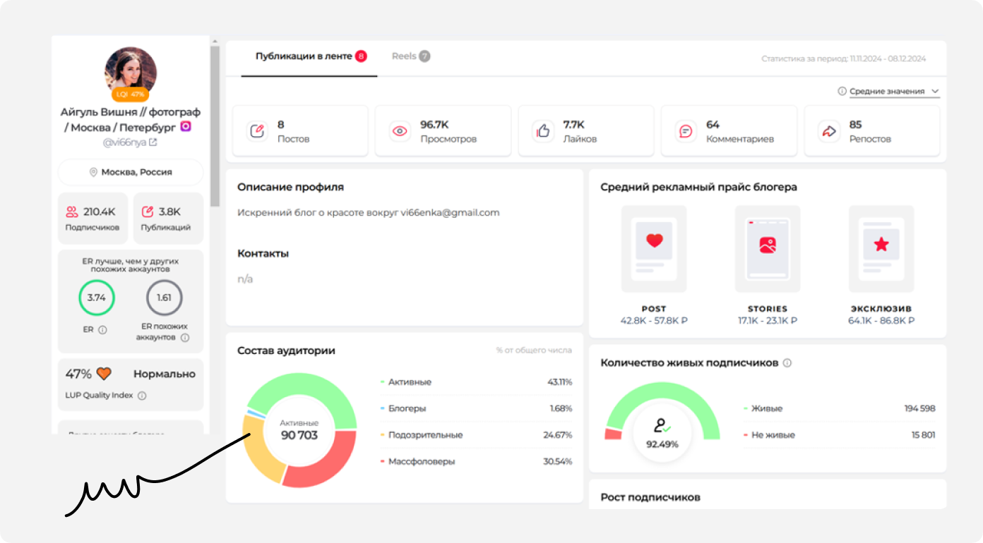 Пример статистики по блогеру на платформе LabelUp